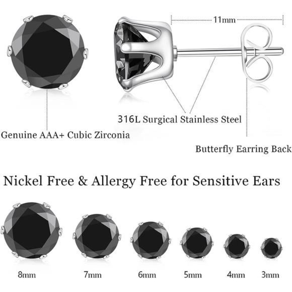 6 Pairs Stainless Steel Stud Earrings Set Hypoallergenic Cubic Zirconia Black - Picture 2 of 6